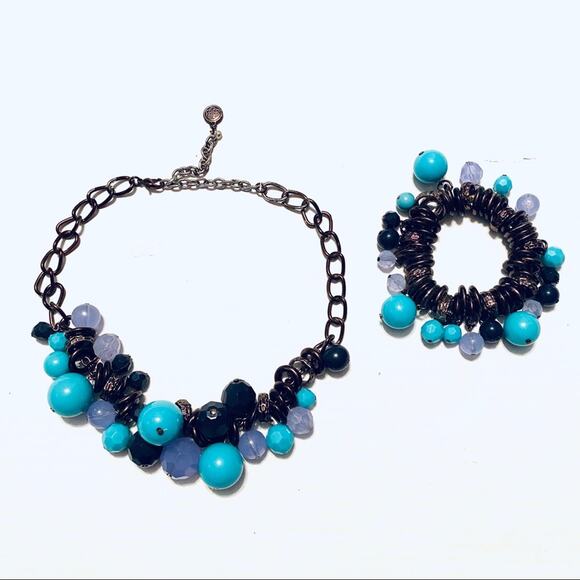 Chunky Beaded Bobble Copper Tone and Blue Necklace Bracelet Set - Picture 1 of 4